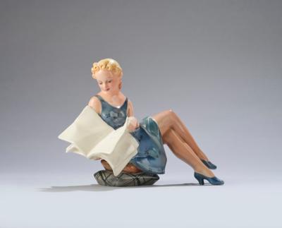 Anton Klieber, a seated lady reading a newspaper (original title: 'liegendes Mädchen'), model number 1978, Keramos, Vienna, by c. 1949 - Jugendstil e arte applicata del XX secolo