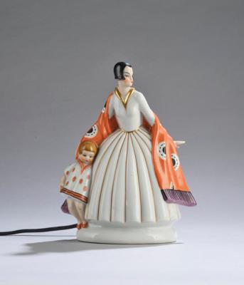 An Art Deco table lamp and lamp foot made of porcelain in the form of a mother with child, c. 1920/35 - Jugendstil and 20th Century Arts and Crafts