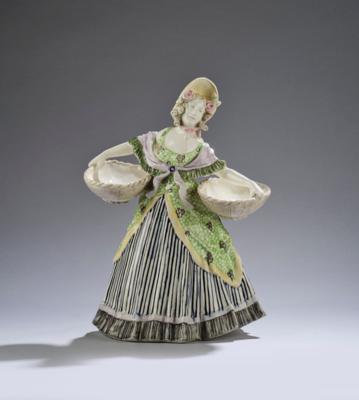A lady in Biedermeier dress with two baskets, Bernhard Bloch majolica factory, Eichwald, c. 1900/10 - Jugendstil and 20th Century Arts and Crafts
