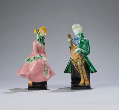 A pair of figures: man with mandolin, model number 1029 and woman with barge hat, model number 1030, Vereinigte Wiener und Gmundner Keramik, 1917-23 - Jugendstil e arte applicata del XX secolo