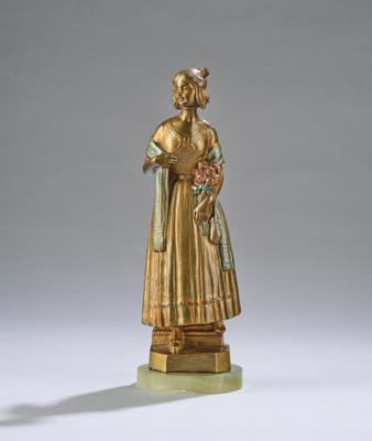 R. Hölzel, a bronze sculpture of a lady in Biedermeier costume with bouquet of roses, Austria or Germany, c. 1900/15 - Jugendstil and 20th Century Arts and Crafts