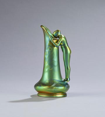 Sándor Apáti Abt and Lajos Mack, a small jug with female nude figure, designed in around 1900, Zsolnay, Pécs, later execution - Jugendstil and 20th Century Arts and Crafts