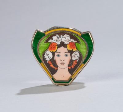 A silver box with polychrome enamelled exotic female bust with flowers in her hair, Georg Adam Scheid, Vienna, by May 1922 - Secese a umění 20. století