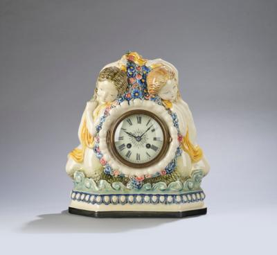 Wilhelm Kollmar, a table clock with two putti, Karlsruhe majolica factory, 1908-27 - Jugendstil and 20th Century Arts and Crafts