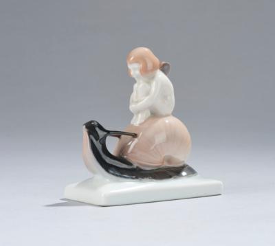 Albert Caasmann, "Schneckenpost" (girl seated on a snail), model number 205, designed in 1913, executed by Rosenthal, Selb, by c. 1945 - Jugendstil e arte applicata del XX secolo