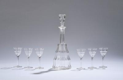 A glass carafe with stopper and six liqueur glasses, in the manner of Otto Prutscher, probably Meyr’s Neffe, Adolf, c. 1909 - Secese a umění 20. století