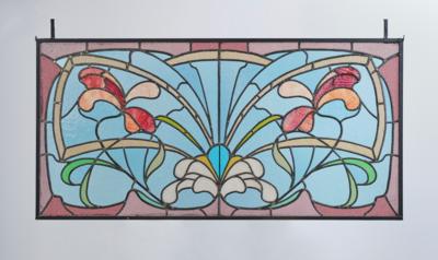 A large wide leadlight glass window with arabesque floral motifs, c. 1900/1920 - Secese a umění 20. století