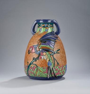 A tall double-handled vase with parrot motif and floral decoration from the Campina series, Amphora Werke Riessner, Stellmacher & Kessel, Czechoslovakia, Turn-Teplitz, c. 1918-38 - Jugendstil and 20th Century Arts and Crafts