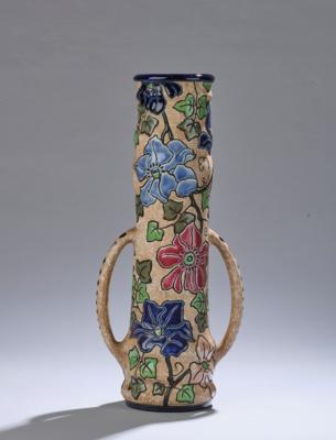 A tall handled vase with branches and large flowers, from the Campina series, Amphorawerke Riessner, Stellmacher & Kessel, Turn-Teplitz, 1918-38 - Jugendstil and 20th Century Arts and Crafts