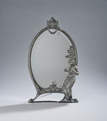 A standing mirror with flute-playing female figure in front of a rose bush, Plewkiewicz Warszawa - Jugendstil and 20th Century Arts and Crafts
