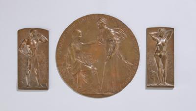 Stefan Schwartz (Austria 1851-1924), round plaquette: "In Memoriam Urbis Hall ab Othone Duce Anno MCCCIII Conditae”, and Anton Rudolf Weinberger: two bronze plaquettes with a male figure and a female figure with peacock - Jugendstil and 20th Century Arts and Crafts
