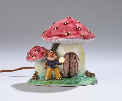 A table lamp with a house in the form of two mushrooms and a music-making dwarf, Anzengruber Keramik, Vienna, c. 1950/60 - Secese a umění 20. století