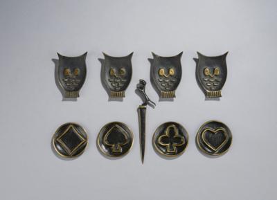 Walter Bosse, a mixed lot of four owl ashtrays, four playing card trays and a letter opener with animal motif, designed by Herta Baller, Vienna, c. 1950 - Jugendstil e arte applicata del XX secolo