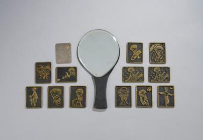 Walter Bosse, a mixed lot of twelve brass supports for pocket mirror, designed by Herta Baller, Vienna, c. 1950, and a hand mirror in the manner of Walter Bosse, c. 1950 - Secese a umění 20. století