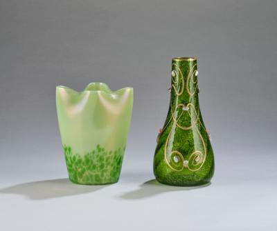 Two vases: a vase with arabesque enamel decoration and coloured glass beads, and a vase with quatrefoil opening, probably Glashüttenwerke Buchenau, Ferdinand von Poschinger, c. 1899 - Jugendstil e arte applicata del XX secolo