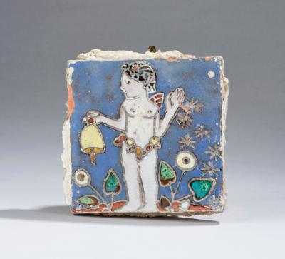 Bertold Löffler, tile with winged putto with garland of flowers, cf WK-model number 231, here: mirror with tile winged putto with garland of flowers around his loins, looking at a bell in his right hand, with stylised flowers and stars; - Jugendstil and 20th Century Arts and Crafts