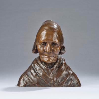 Chales van Wyk (Wijk), (The Hague 1875-1917), a bronze bust of a woman with hat and scarf, “Krijntje”, c. 1900/17 - Jugendstil e arte applicata del XX secolo