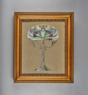 Edmond Jelcké, farbiger Entwurf einer Tischlampe mit Liliendekor und Schmetterlingen, 1909 - Kleinode des Jugendstils & Angewandte Kunst des 20. Jahrhunderts