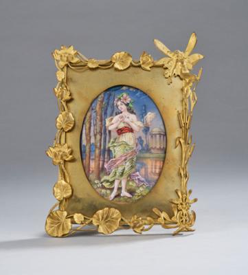 An enamel painting with female figure and classical background, in a brass frame with gilt floral motifs, c. 1900 - Jugendstil e arte applicata del XX secolo
