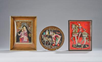 H. W. Weihs, drei Assemblagen: Wandteller aus Holz mit einer Hochzeitsdarstellung, eine Darstellung mit Maria und Jesus und eine Reiterfigur, Wien - Kleinode des Jugendstils & Angewandte Kunst des 20. Jahrhunderts