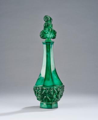 A carafe with stopper in the shape of a putto enthroned on grapes, Heinrich Hoffmann or Curt Schlevogt, Gablonz, form and decor: c. 1932, design: probably Frantisek Pazourek - Jugendstil and 20th Century Arts and Crafts