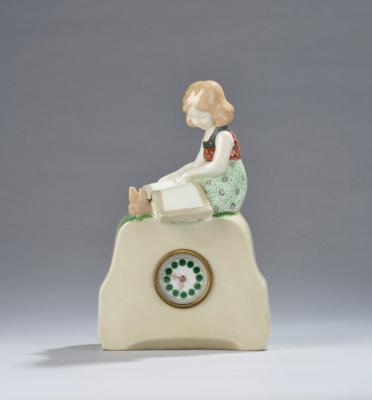 Polter, a clock with a seated girl reading a large book, model number 4388, Wiener Manufaktur Friedrich Goldscheider, by 1920 - Jugendstil e arte applicata del XX secolo