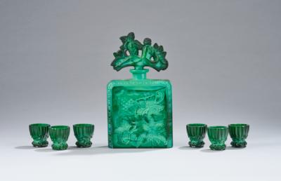 A seven-piece liqueur set with vine leaf decor, Heinrich Hoffmann or Curt Schlevogt, Gablonz, form and decor: c. 1932, design probably by Frantisek Pazourek - Jugendstil and 20th Century Arts and Crafts