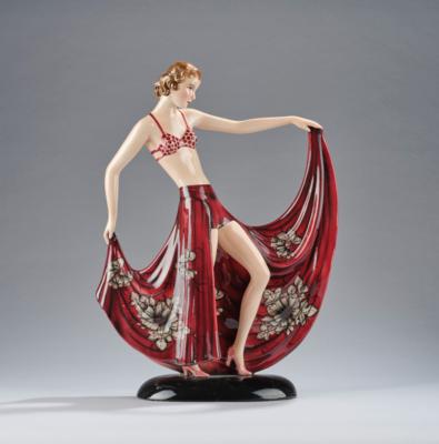 Stephan Dakon, a figurine "Frasquita" (a female dancer with bikini and long skirt, posing sideways) on an oval base, model number 8127, designed in around 1937, executed by Wiener Manufaktur Friedrich Goldscheider, Vienna, by c. 1941 - Secese a umění 20. století