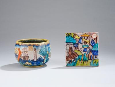 A vase with stylised seascape and grotesque animals, and a tile with a bird, Schleiss, Gmunden, before 1940 - c. 1960 - Secese a umění 20. století