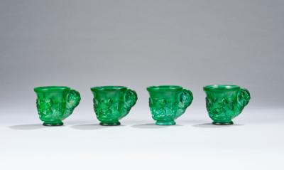 Four handled cups with oriental decor, Heinrich Hoffmann, Gablonz a. d. N., glass melting and pressing by Josef Riedel, Polaun, c. 1928-30, design: probably Alexander Pfohl - Jugendstil and 20th Century Arts and Crafts