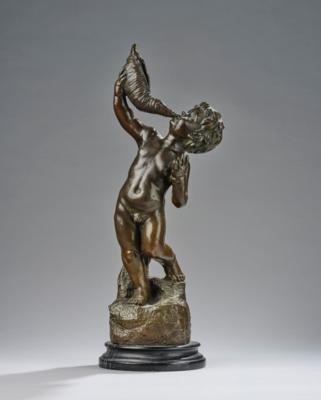 A bronze object: a boy drinking from a shell-shaped cornucopia, designed in around 1920/30 - Jugendstil and 20th Century Arts and Crafts