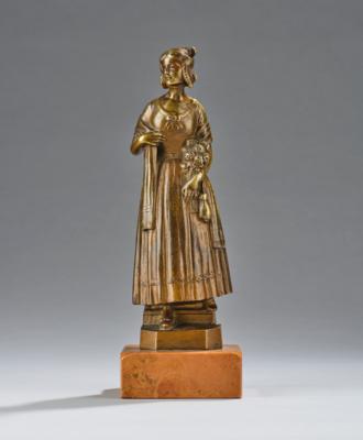 G. Hölzel, a bronze figure of a lady in Biedermeier dress with bouquet of roses, designed in Austria or Germany, c. 1900/15 - Secese a umění 20. století