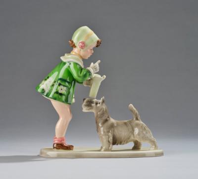 Germaine Bouret, a group: "Naschkätzchen" (a girl standing, feeding a terrier), model number 7663 F, designed in around 1936, executed by Wiener Manufaktur Friedrich Goldscheider, by c. 1941 - Jugendstil e arte applicata del XX secolo