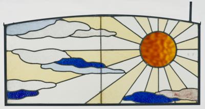 A leadlight glass window with rising sun motif, c. 1900/1920 - Jugendstil and 20th Century Arts and Crafts