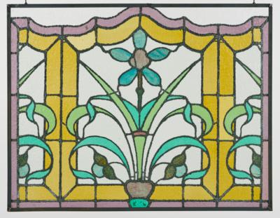 A large rectangular leadlight glass window with floral motifs in curved outline, c. 1900/1920 - Jugendstil and 20th Century Arts and Crafts