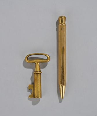 A corkscrew and bottle opener in the form of a key, model number 3687, and a 'pencil with lead' paperweight, model number 5036, Carl Auböck, Vienna, c. 1960 - Jugendstil e arte applicata del XX secolo