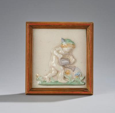 Michael Powolny, a tile from a series (putto allegories of the seasons): spring, designed in around 1916/17, executed by Wienerberger, Vienna - Jugendstil and 20th Century Arts and Crafts