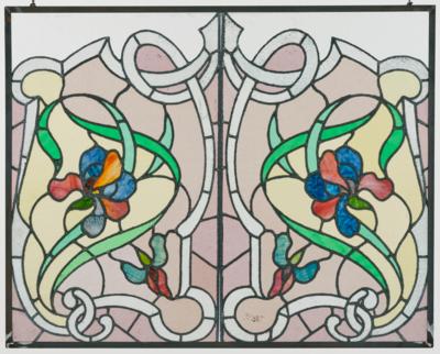 A rectangular two-part leadlight glass window with floral motifs and garlands, c. 1900/20 - Jugendstil and 20th Century Arts and Crafts