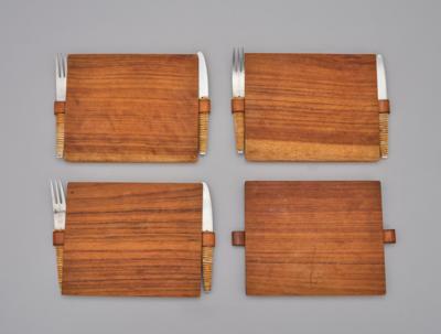 Four breakfast and cheese boards made of walnut wood, three of them with fork and knife, model number 4305, Carl Auböck, Vienna, c. 1960 - Jugendstil and 20th Century Arts and Crafts