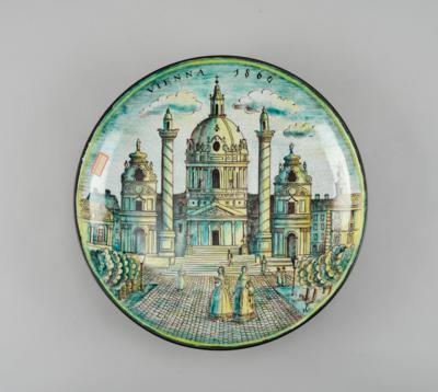 A wall plate depicting the Church of St. Charles in Vienna, inscribed Vienna 1860, Schleiss, Gmunden - Jugendstil and 20th Century Arts and Crafts