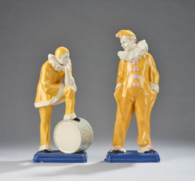 Two ceramic figures: Pierrot and clown with  kettle drum, c. 1920/30 - Jugendstil and 20th Century Arts and Crafts