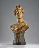 Simon (a pseudonym used by Goldscheider), a female bust with knotted hair,  model number 2864, executed by Wiener Manufaktur Friedrich Goldscheider, by  c. 1920 - Jugendstil and 20th Century Arts and Crafts