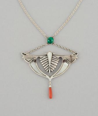 A sterling silver pendant and necklace with mother-of-pearl, carnelian, malachite and coral decor, designed in around 1920/25 - Secese a umění 20. století