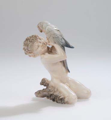 Christian Thomsen, a faun with a parrot, model number 752, designed in 1906, executed by Royal Copenhagen, Denmark, before 1923 - Jugendstil and 20th Century Arts and Crafts