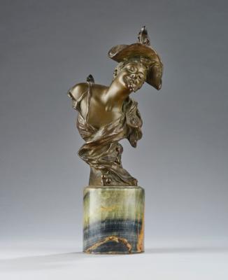 George van der Straeten (1856-1941), a bronze object: a female bust with a large hat and cherries, France, c. 1900 - Jugendstil e arte applicata del XX secolo