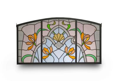 Glasfenster mit Blatt- und Blütendekor in Bleiverglasung, um 1900/1920 - Kleinode des Jugendstils und angewandte Kunst des 20. Jahrhunderts