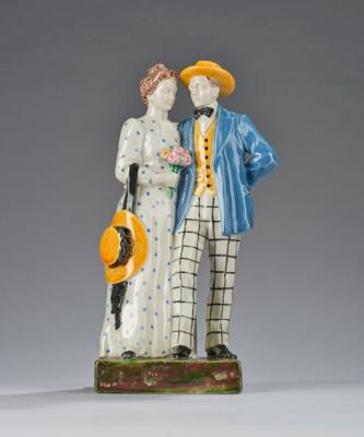 H. F. Kirsch, a couple: a female figure holding a bouquet of flowers in her hand and a hat on her arm, and a male figure with hat, Mauer near Vienna, c. 1913 - Jugendstil e arte applicata del XX secolo