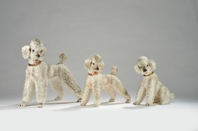 Ina Eisenbeisser, a large poodle standing, a small poodle standing, a small poodle sitting, model numbers: 5116, 5136, 5137, designed in 1962/63, executed by Keramos, Vienna - Jugendstil e arte applicata del XX secolo