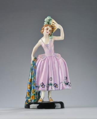 Johanna Meier-Michel, a lady with a fan standing on an oval base, model number 5258, designed in around 1923, executed by Wiener Manufaktur Friedrich Goldscheider, by c. 1941 - Jugendstil and 20th Century Arts and Crafts