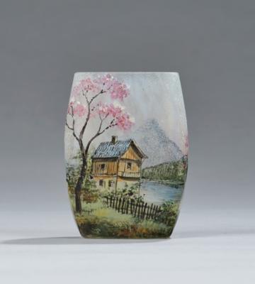 A miniature vase with a house before a lake and mountain landscape, Lamartine, Algierum, c. 1907/20 - Secese a umění 20. století